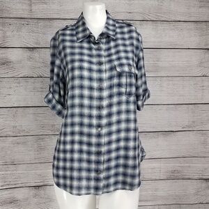 Equipment Femme S Plaid Button front Short sleeve Shirt Top Roll Tab sleeves